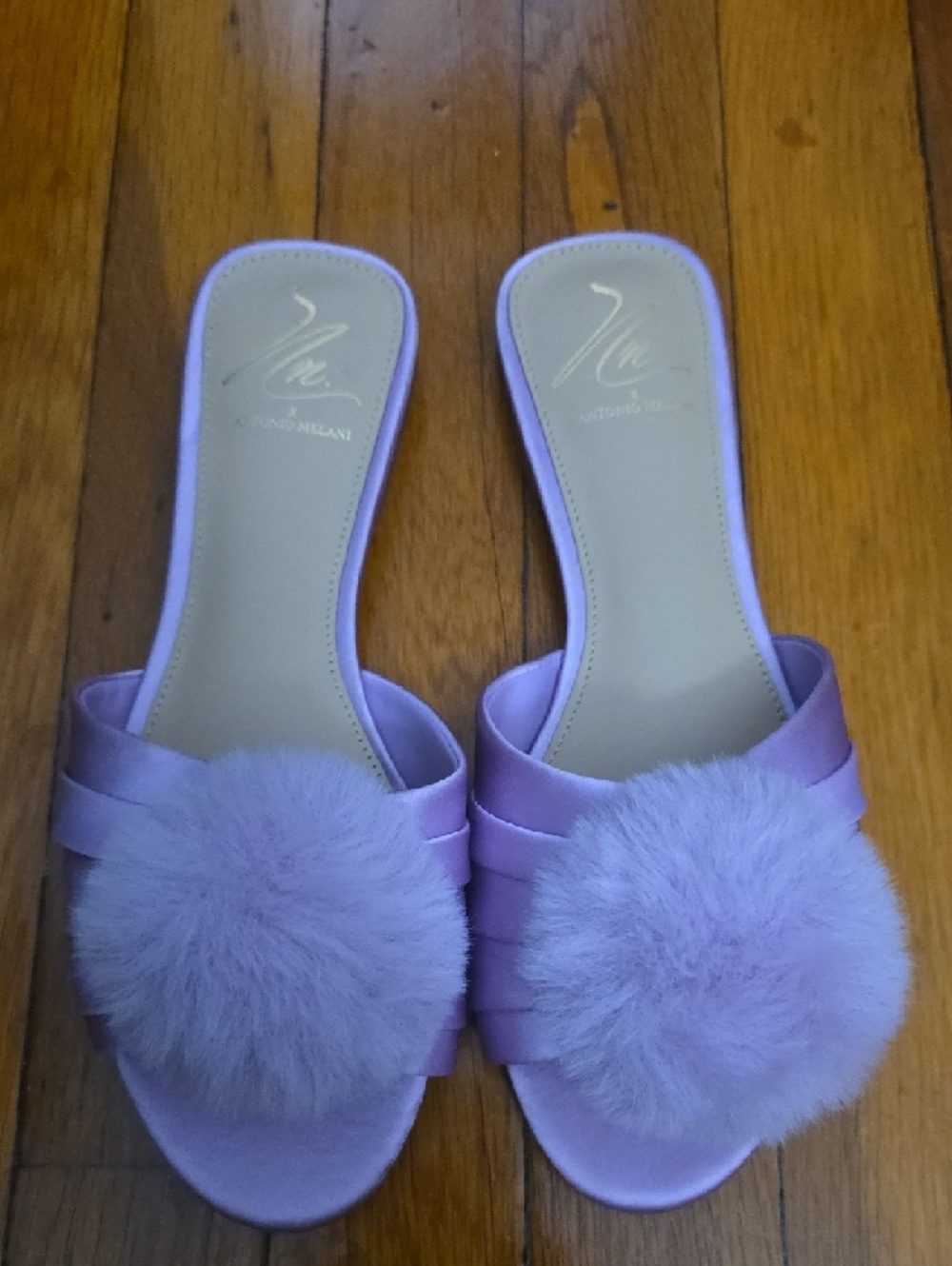 ANTONIO MELANI Lavender Satin Pom-Pom Slide Mules